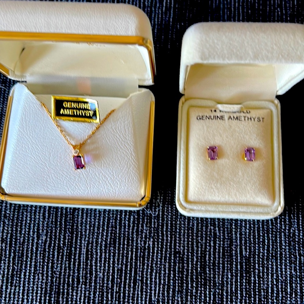 Amethyst necklace and earrings set, with gold chain and posts.